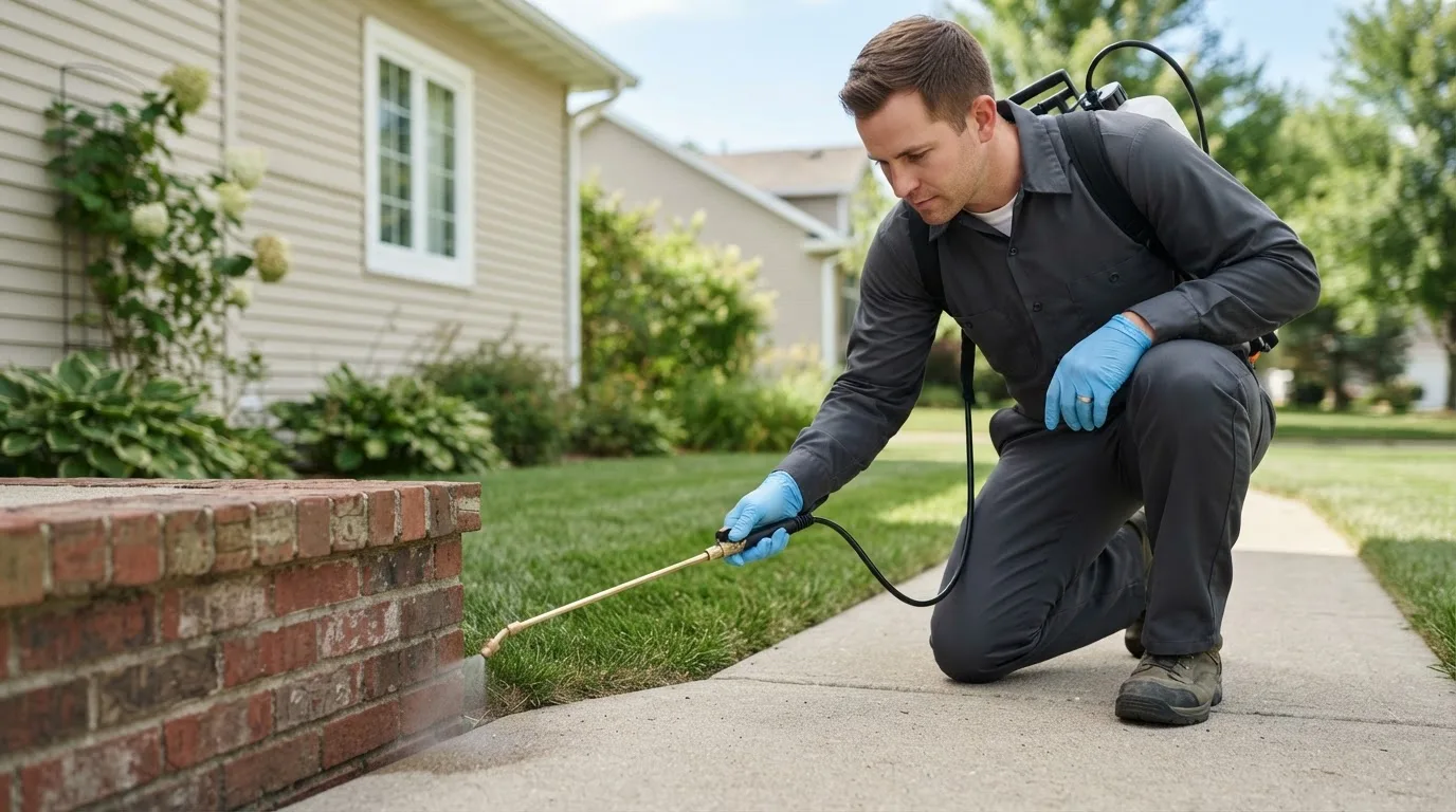 Pest control technician treating a home near Iberia, OH